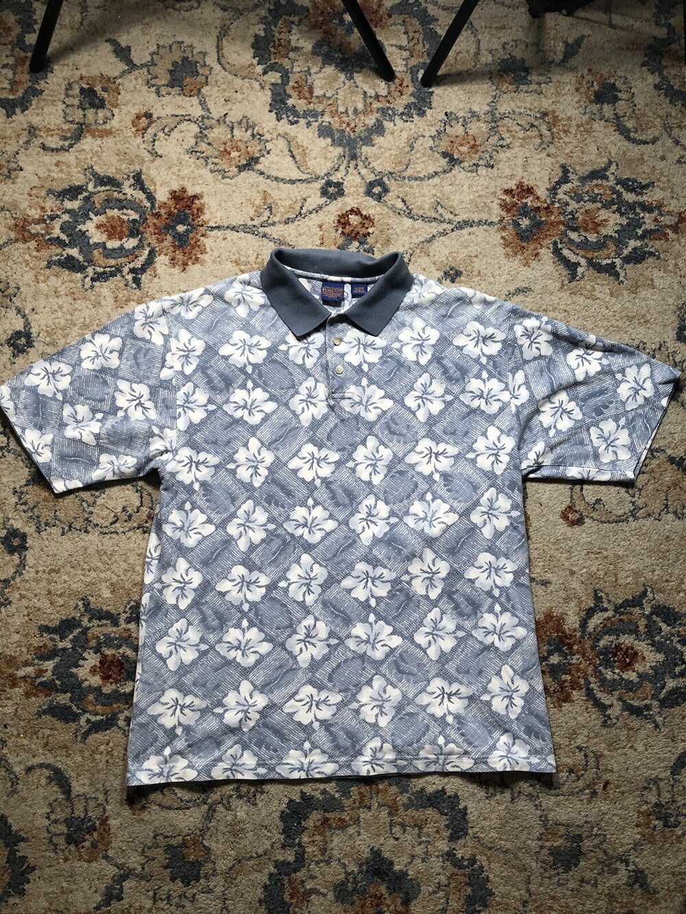 Pendleton Polo Shirt Men’s Size Large Blue Floral 100% Cotton Short Sleeve